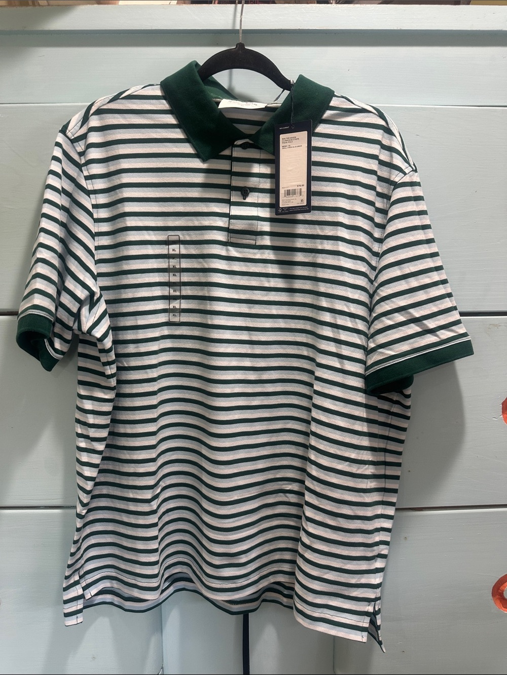 Walter Hagen Green and White Striped Polo with Contrast Collar